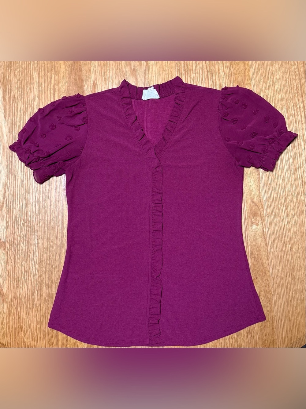 Ruffled V‑Neck Puff Sleeve Blouse in Plum